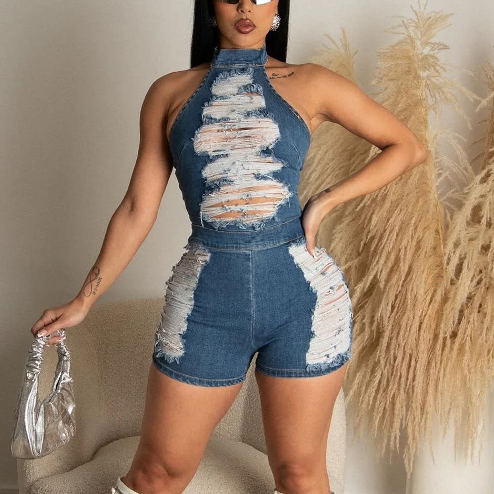 2024 Denim Halter Jumpsuit - Sexy Hollow Out Tassel Distressed Shorts